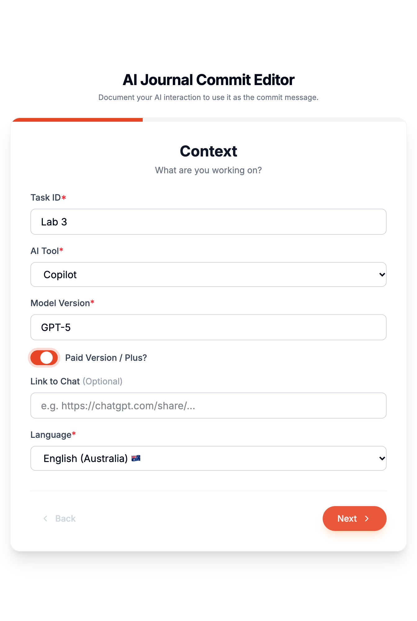 Context step with task, AI tool and model