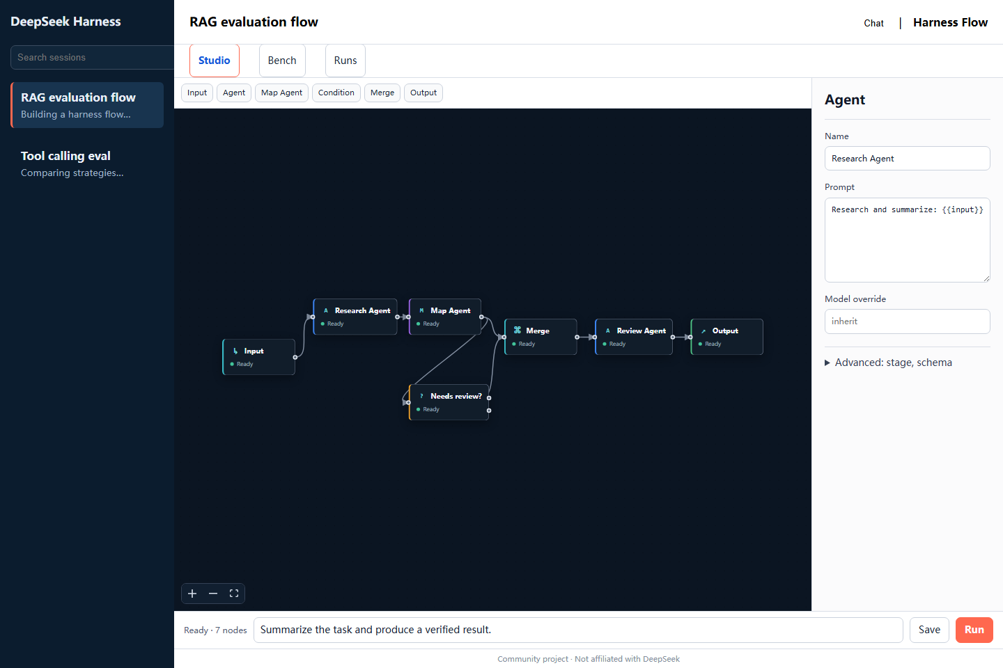 Harness Flow Studio: visual Agent workflow canvas