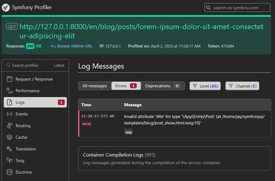 Error shown in Web Debug Toolbar