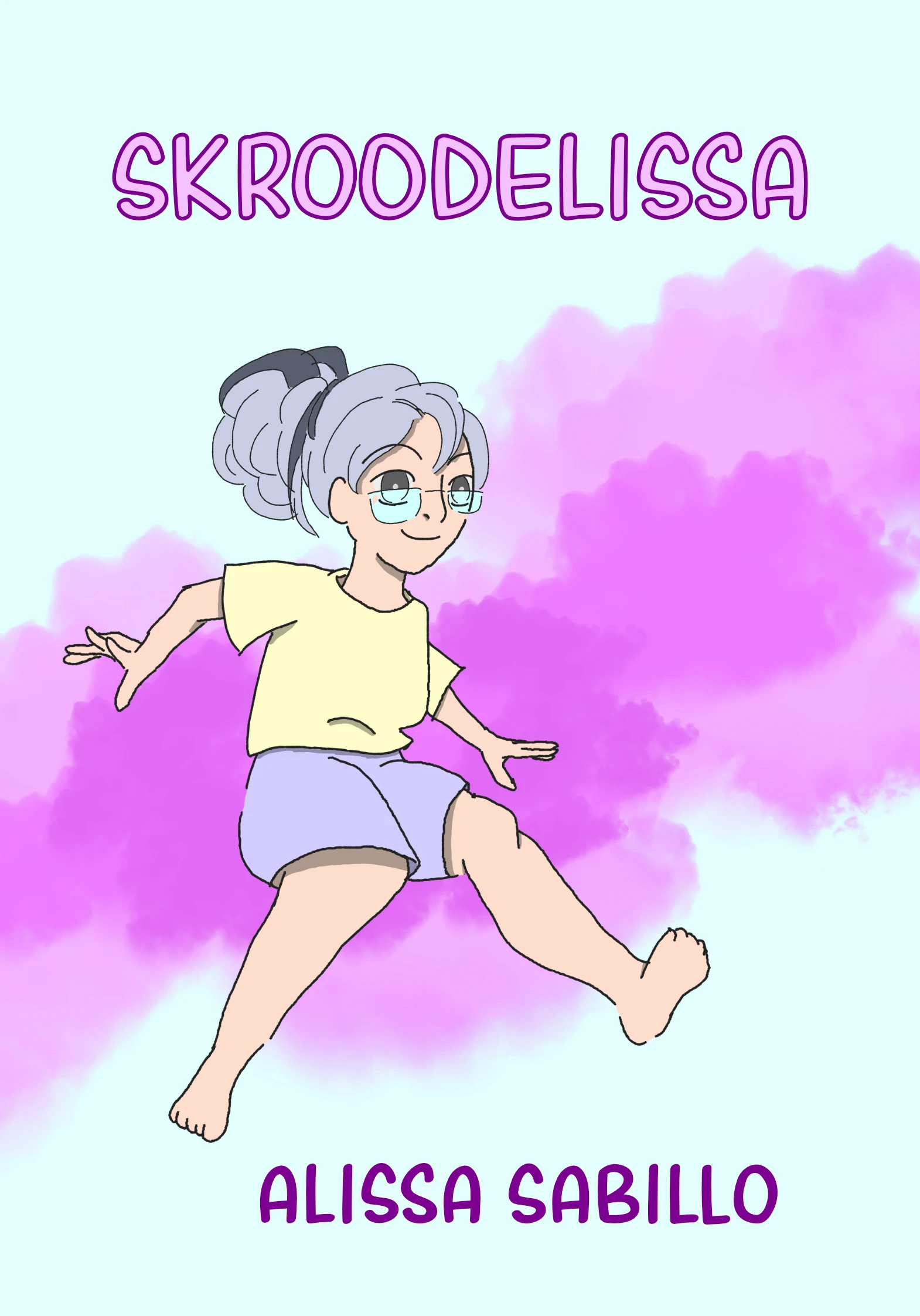 Girl sitting on purple clouds and baby blue background with the SKROODELISSA comic on top and signed by Alissa Sabillo in the bottom.