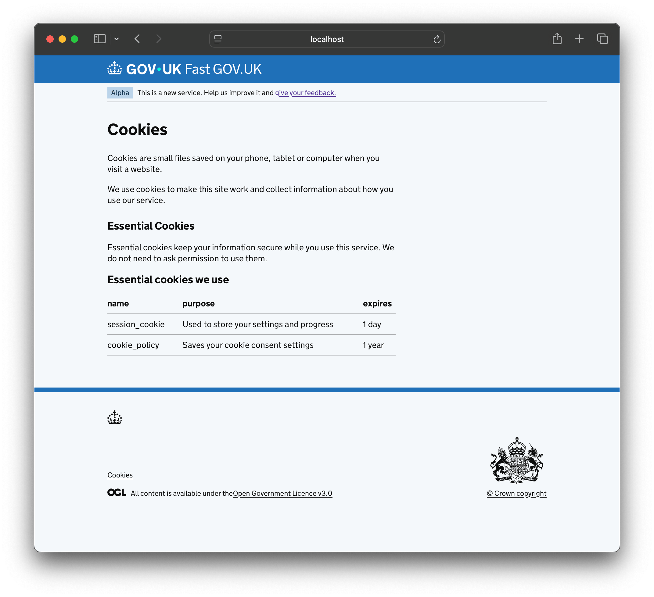 Screenshot of the cookies page