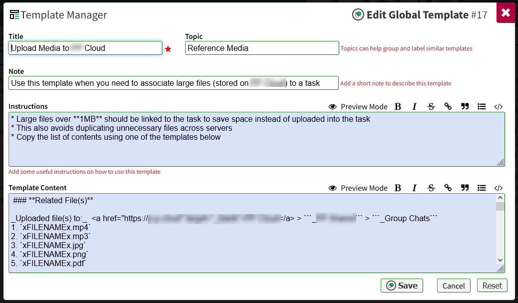 Edit Global Template Template Manager
