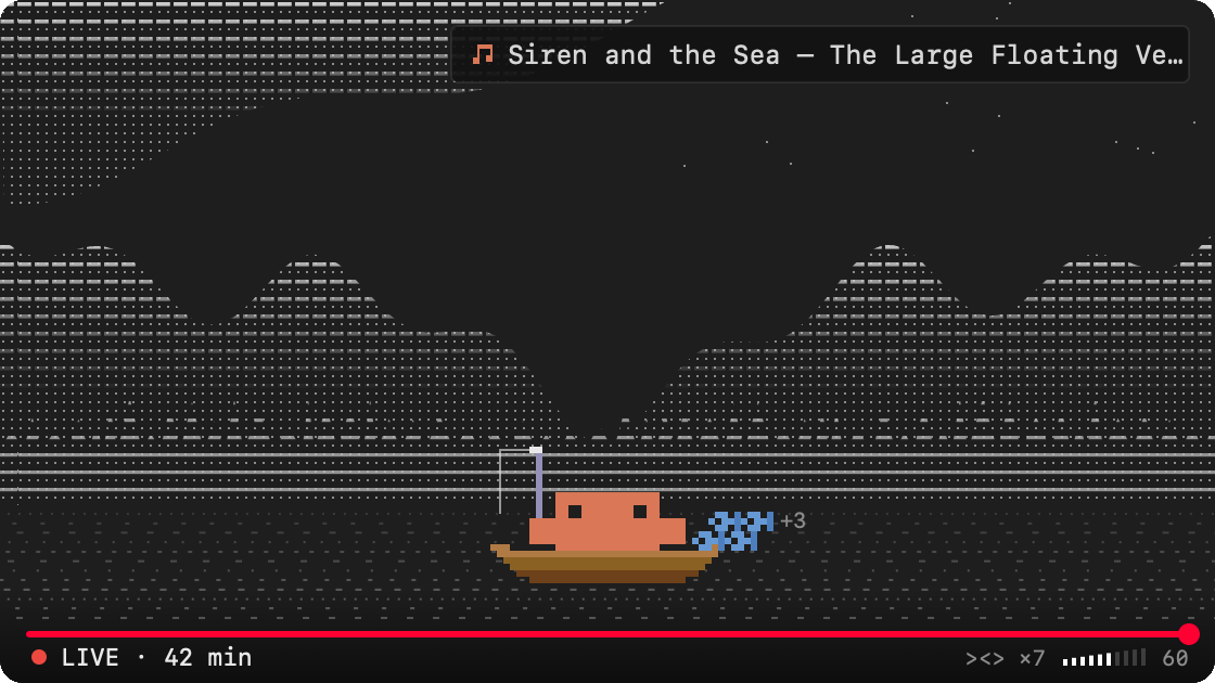 The player pane: a dotted night lake, Clawd fishing from a boat, the current track and a live bar