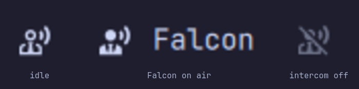 Bar widget in three states: idle, a peer on air, and intercom off