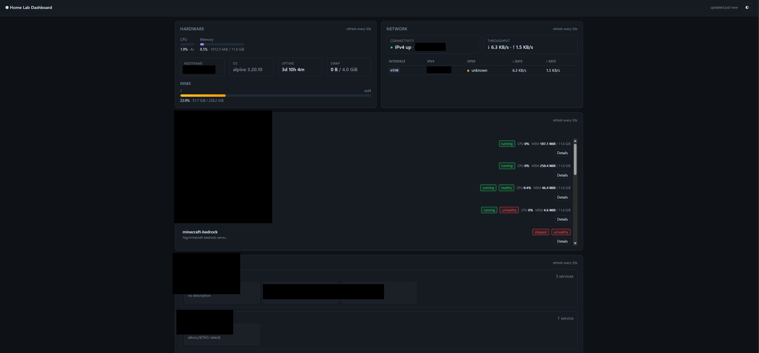 A dark self-hosted dashboard with four auto-refreshing cards for hardware, network, containers and services