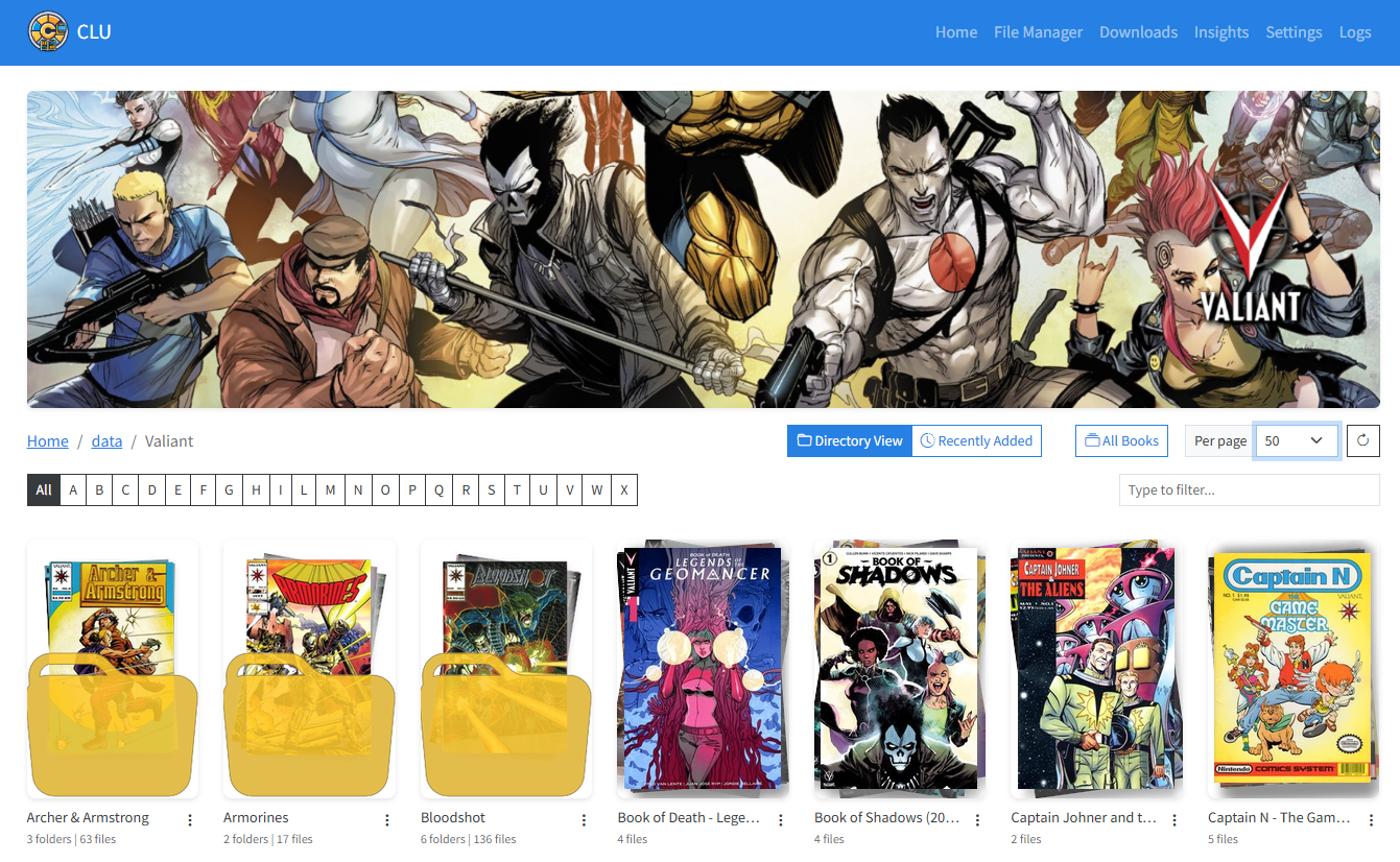 CLU publisher page showing a grid of comic series covers grouped by publisher