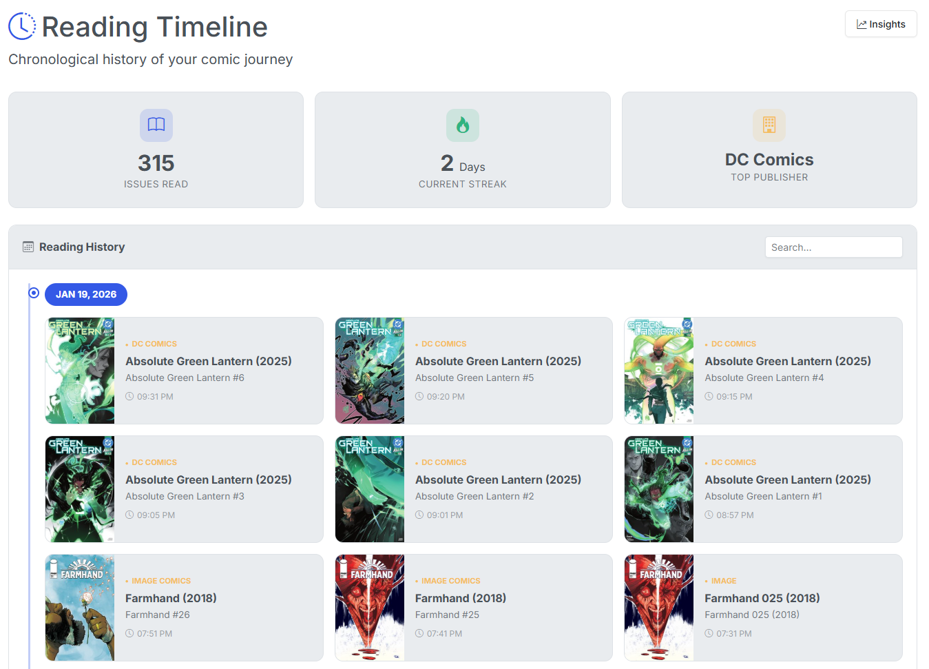CLU Timeline showing a chronological history of comics read by date