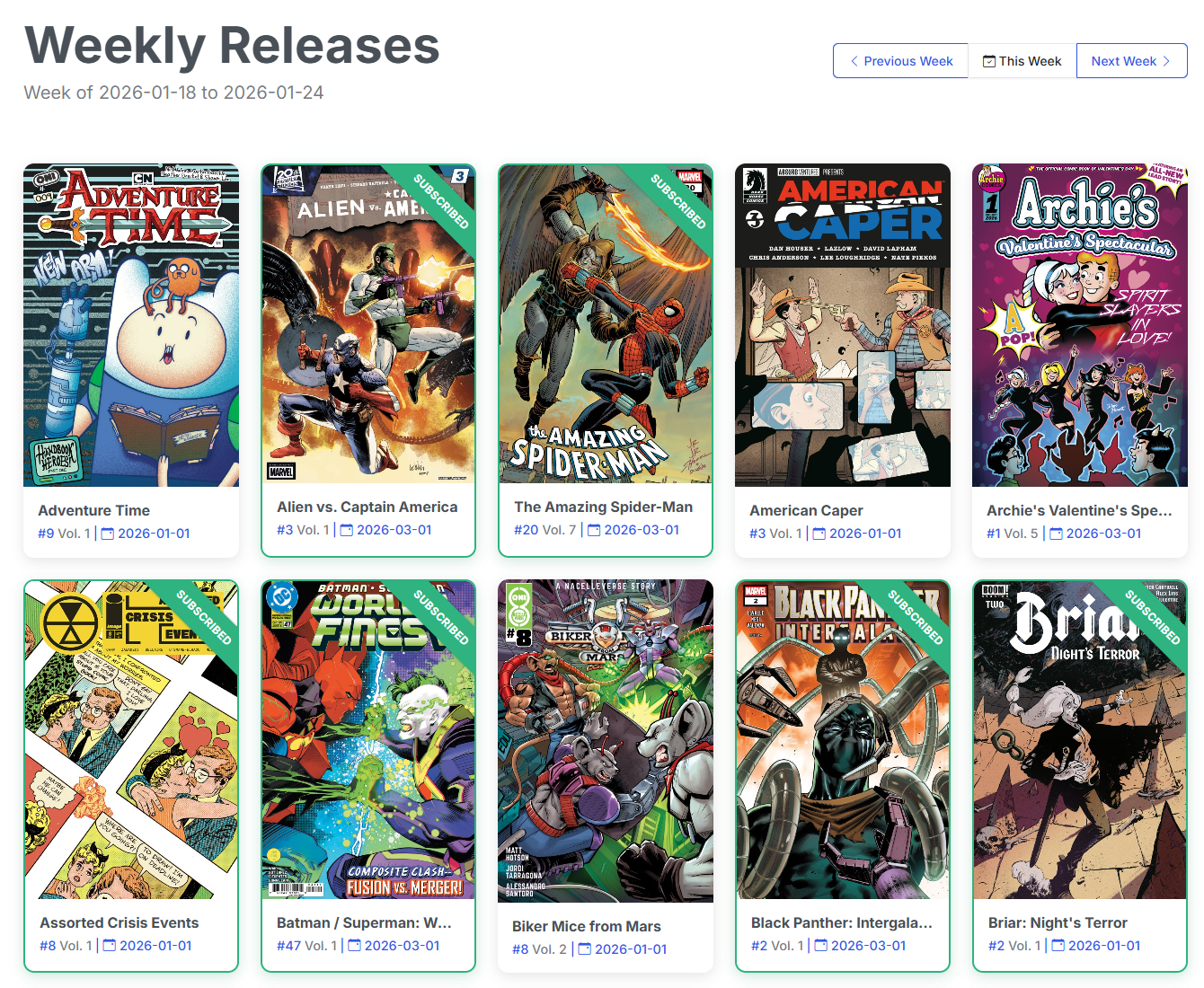 CLU weekly pull list showing new comic releases with covers and download status
