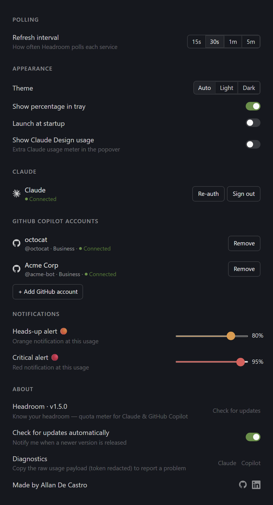 Settings window