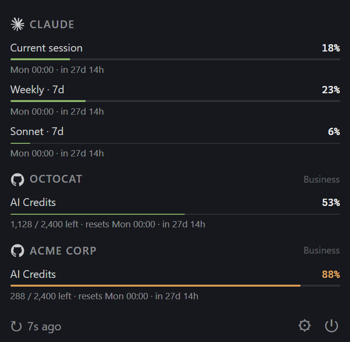 Headroom popover showing live Claude and Copilot quotas