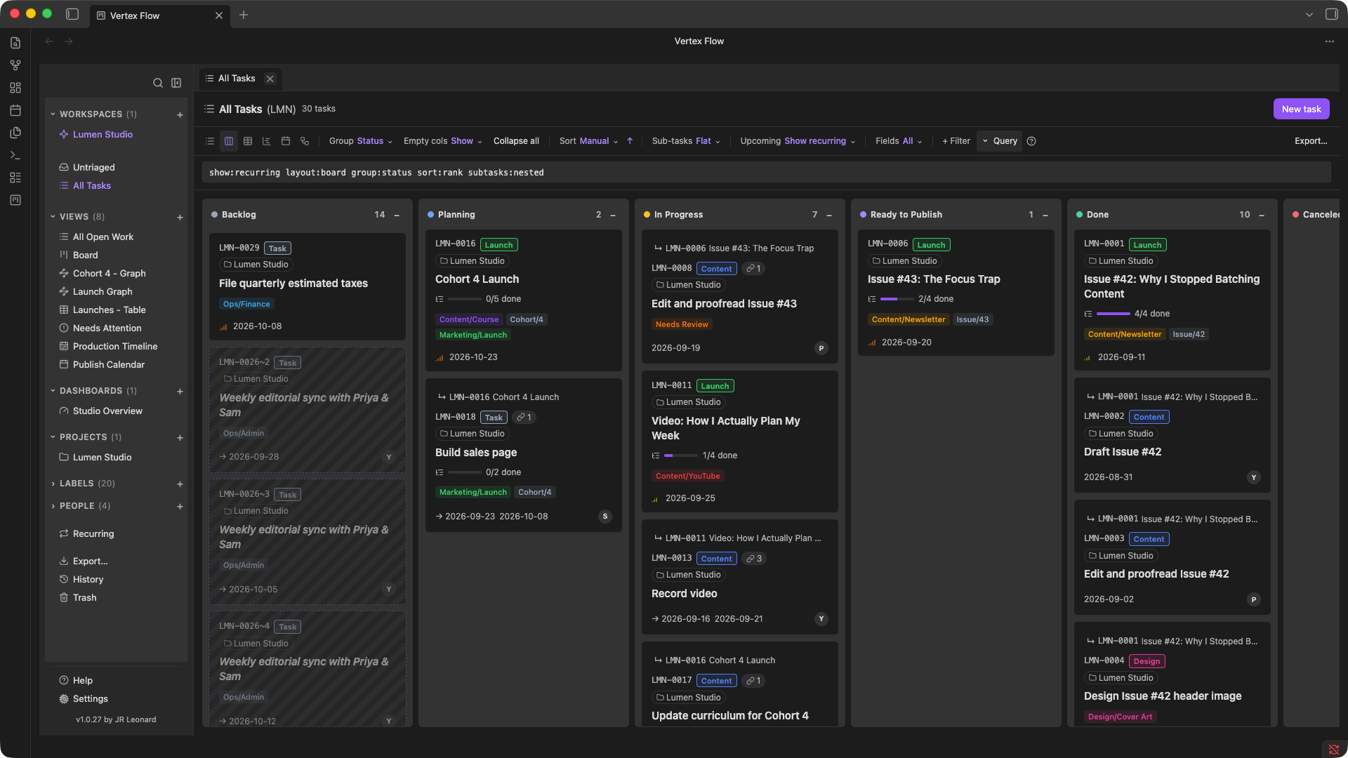 Vertex Flow Board layout showing tasks organized by status