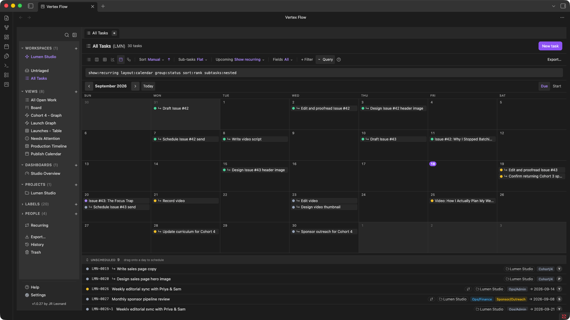 Vertex Flow Calendar layout showing scheduled tasks by date