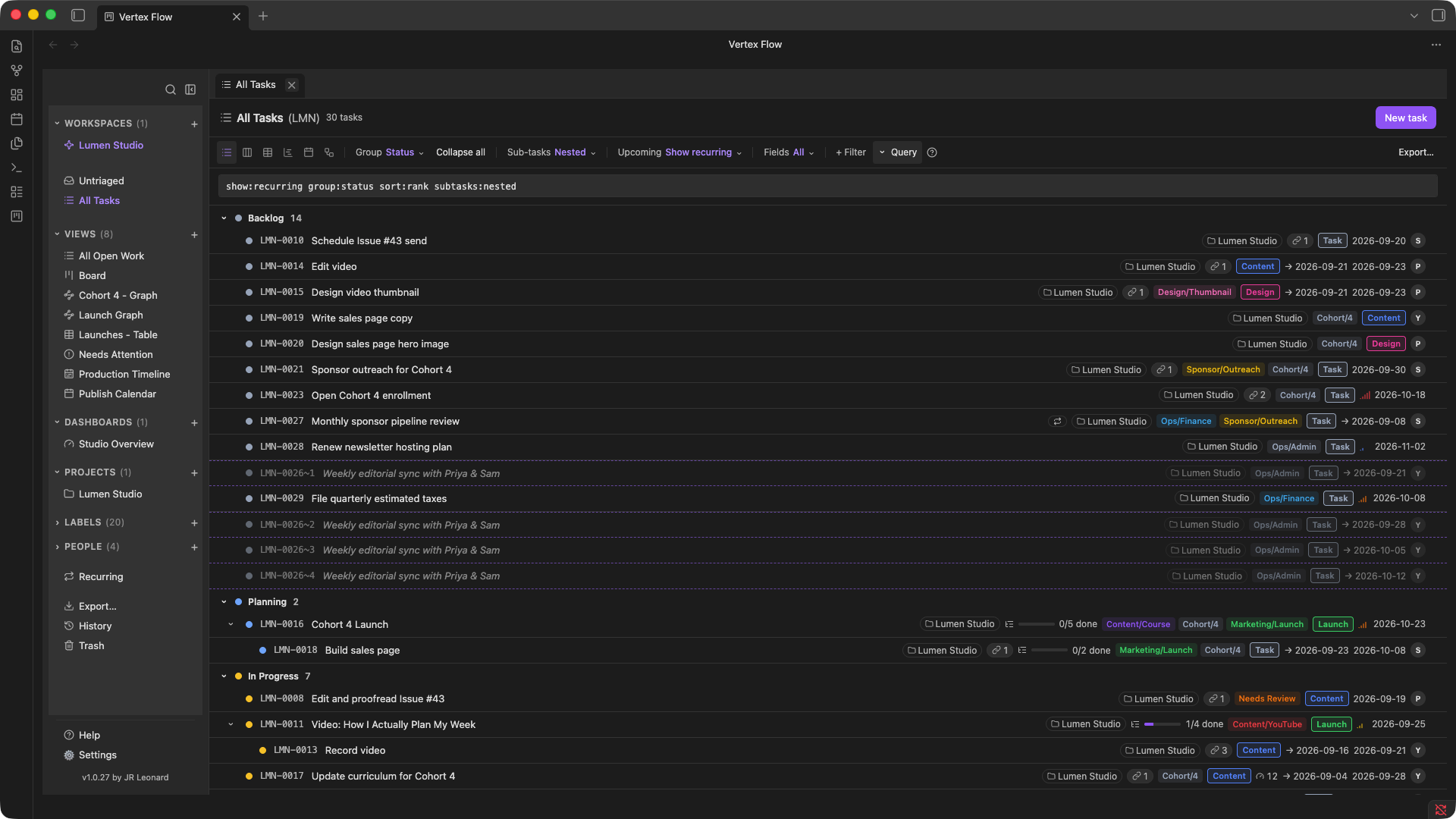 Vertex Flow List layout showing tasks with project and metadata fields