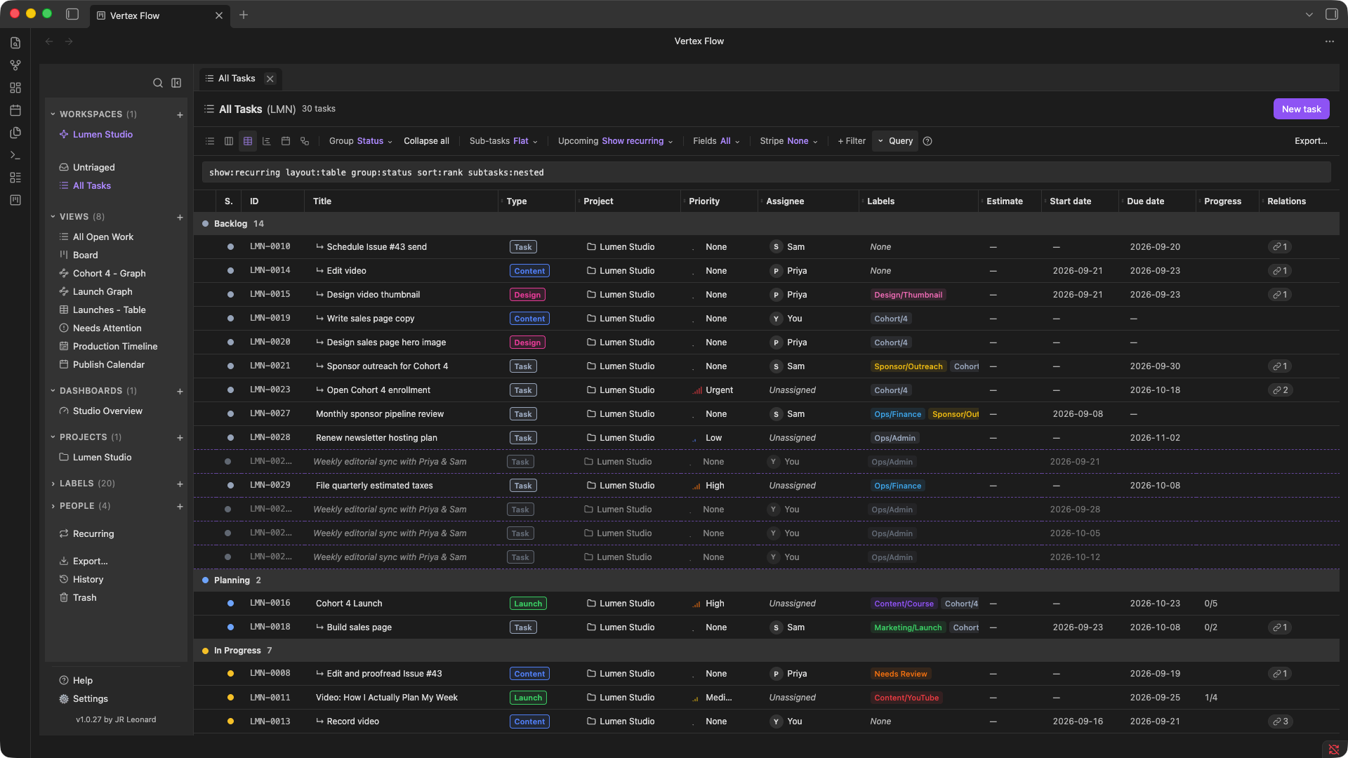 Vertex Flow Table layout showing tasks and nested sub-tasks with all fields visible