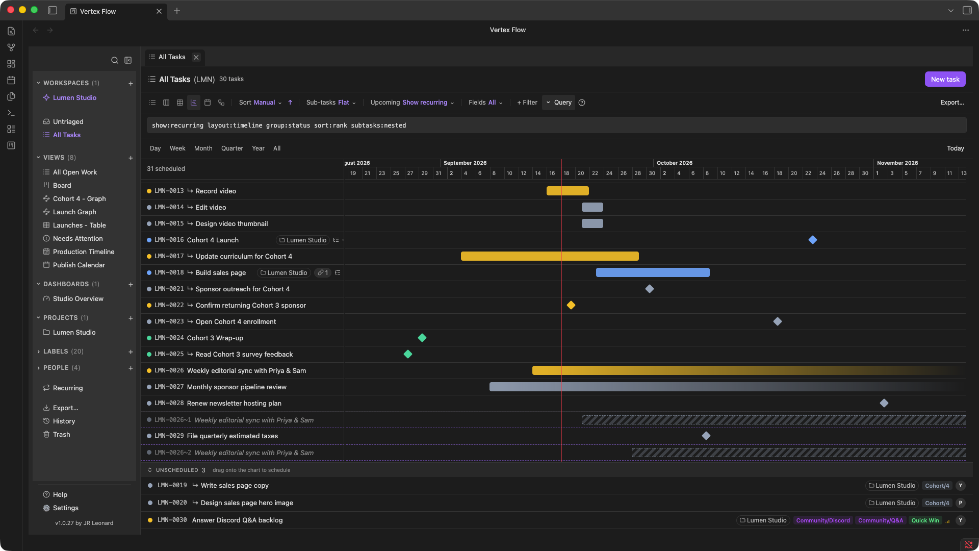 Vertex Flow Timeline layout showing tasks scheduled across dates