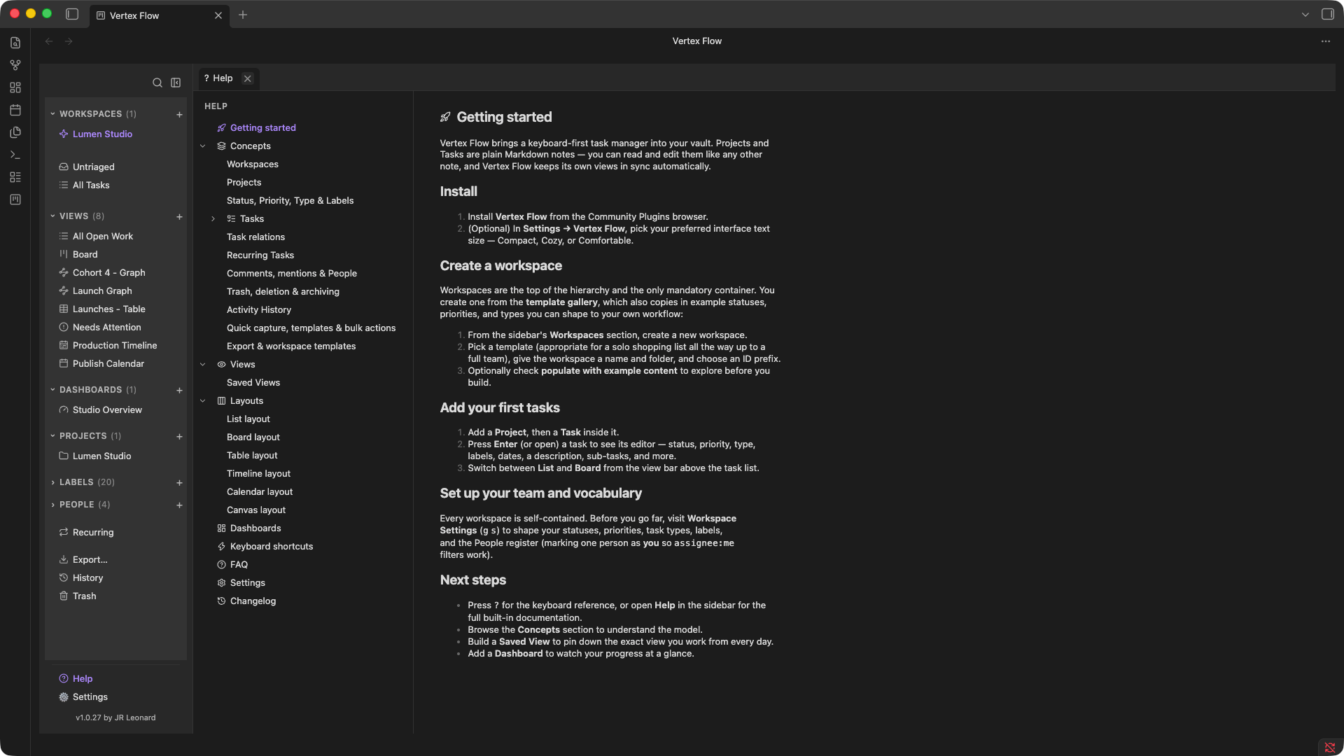 Vertex Flow's built-in Help pane