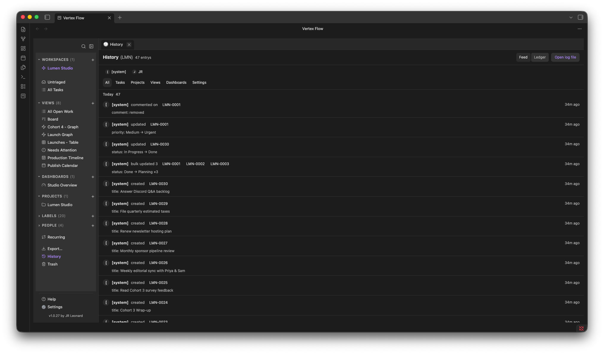Vertex Flow Activity History log