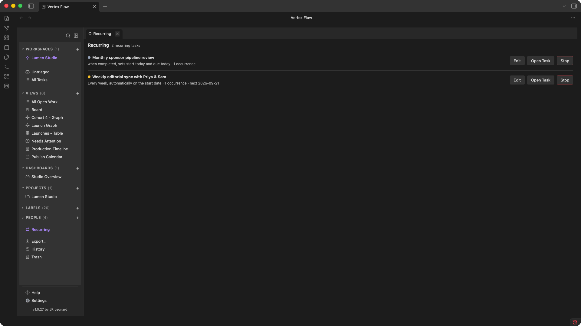 Vertex Flow Recurring tasks overview