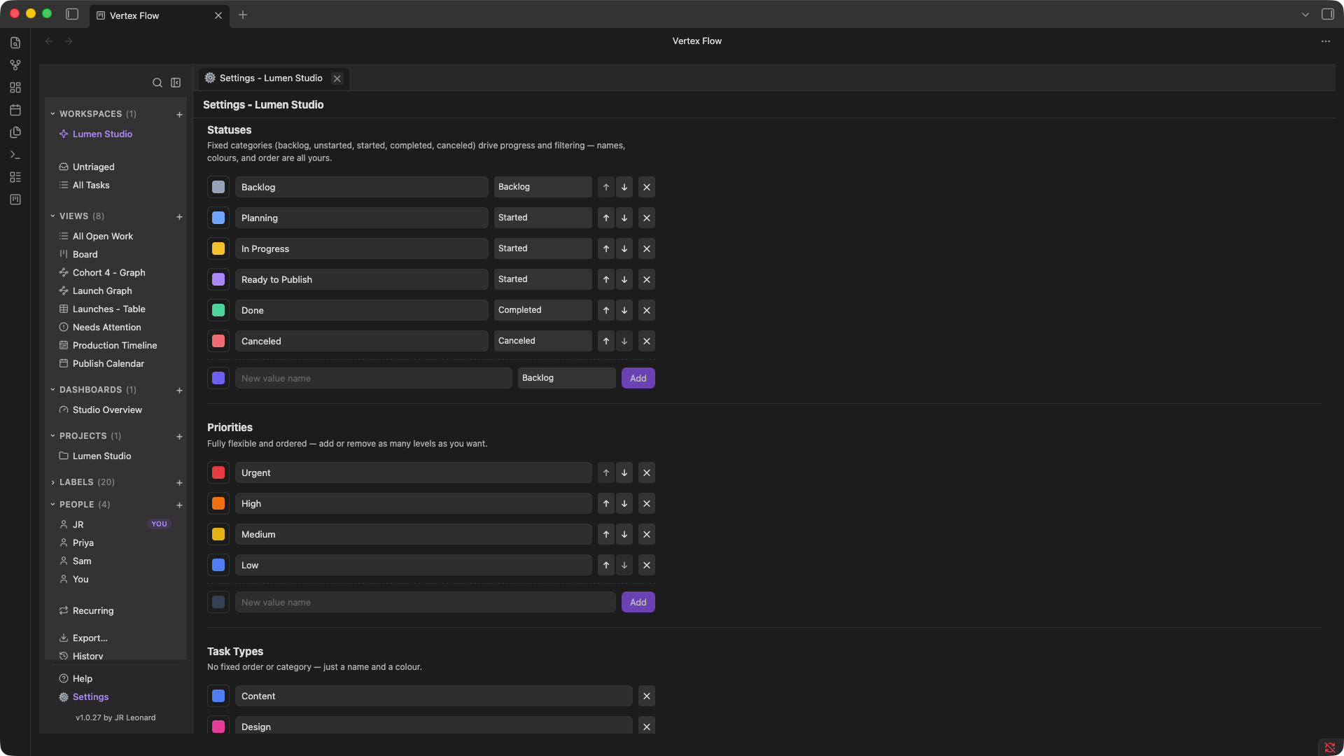 Vertex Flow Settings pane
