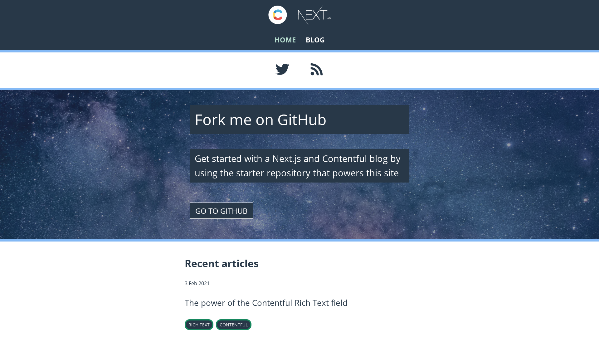 A screenshot of the Next.js Contentful starter home page