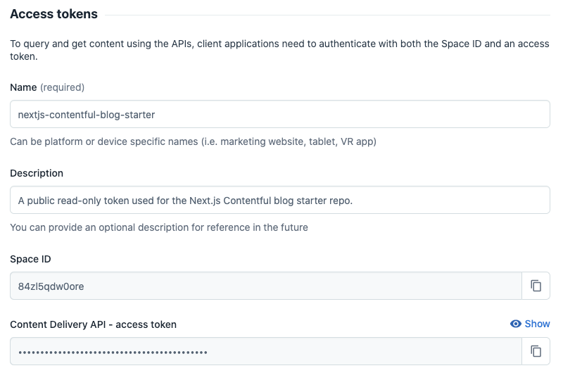 A screenshot of access token settings in the Contentful UI