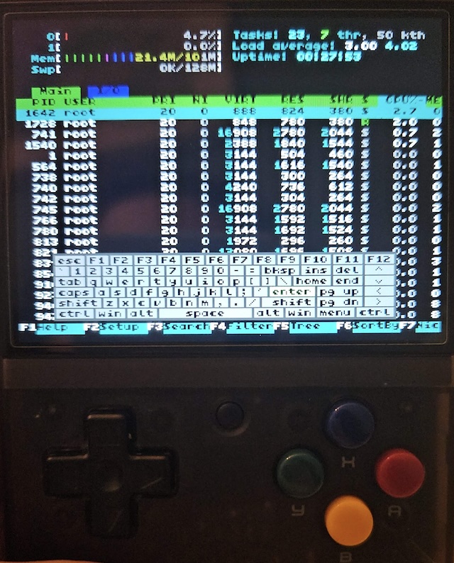 Device running htop on screen