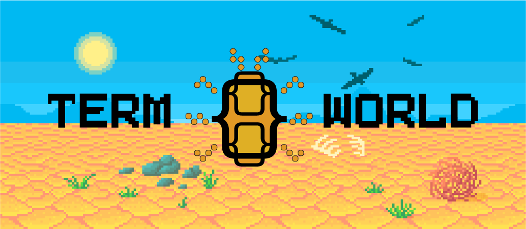 Pixelated desert with tumbleweeds, birds circling, at high noon