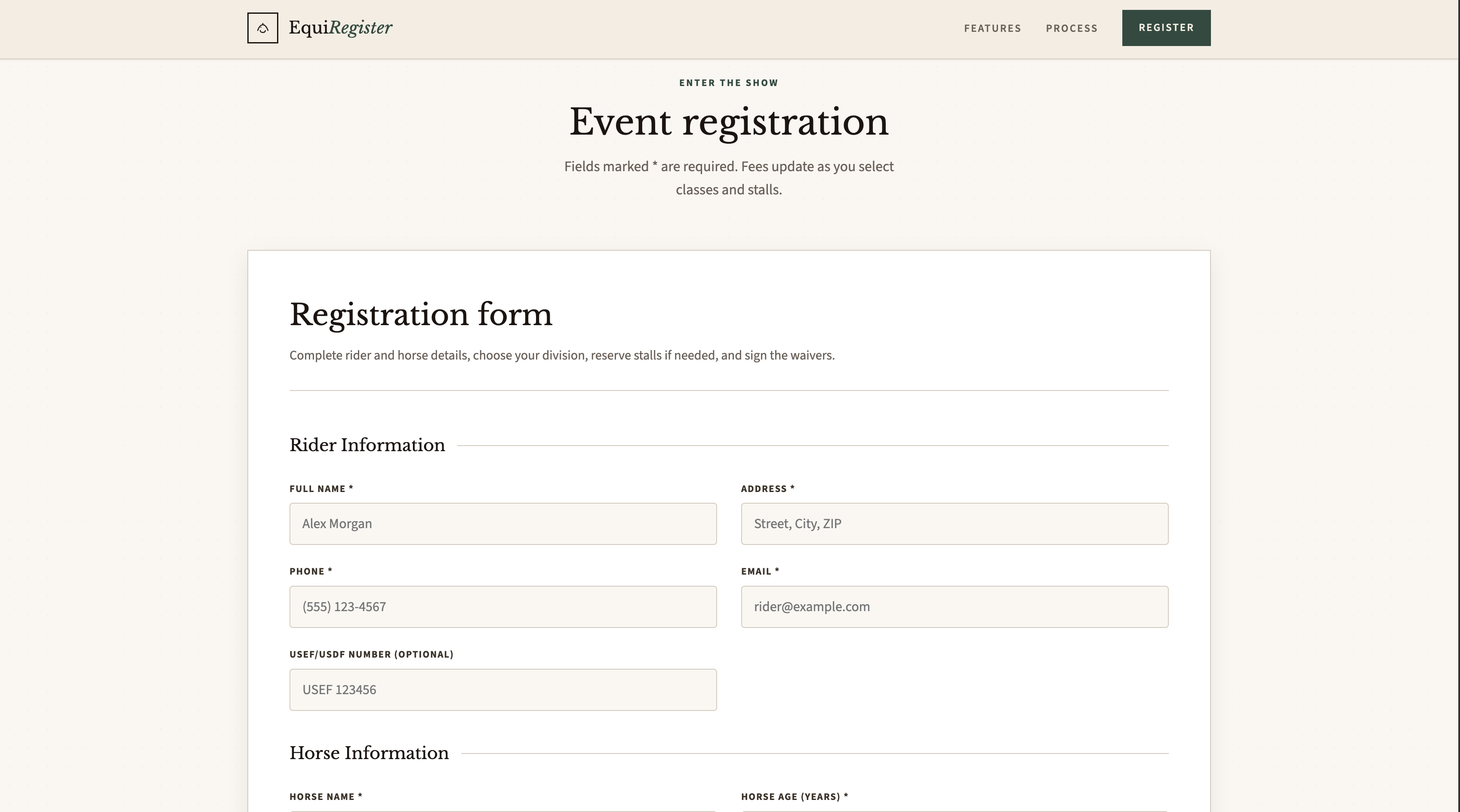 EquiRegister registration form screenshot