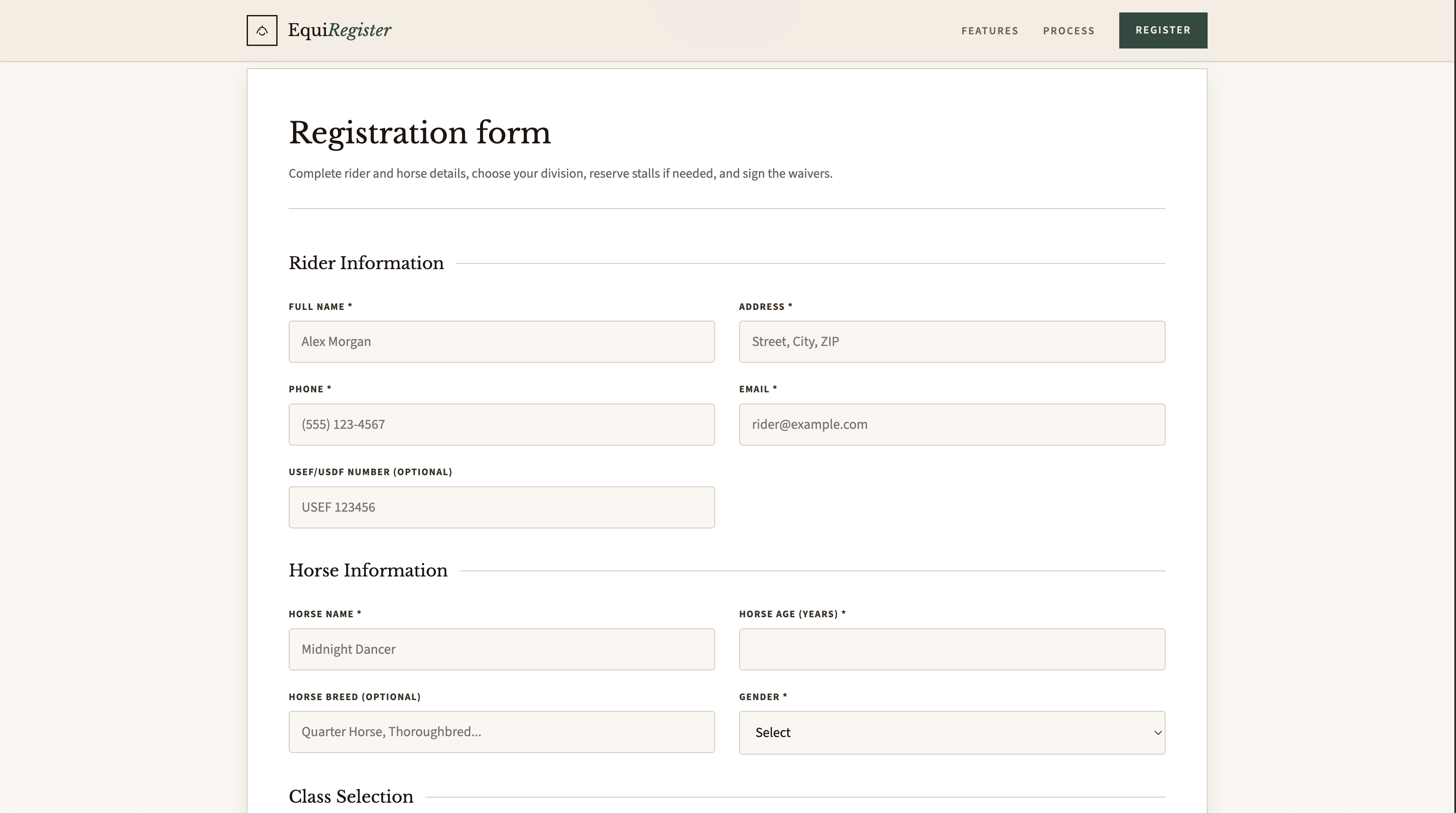 EquiRegister rider details screenshot