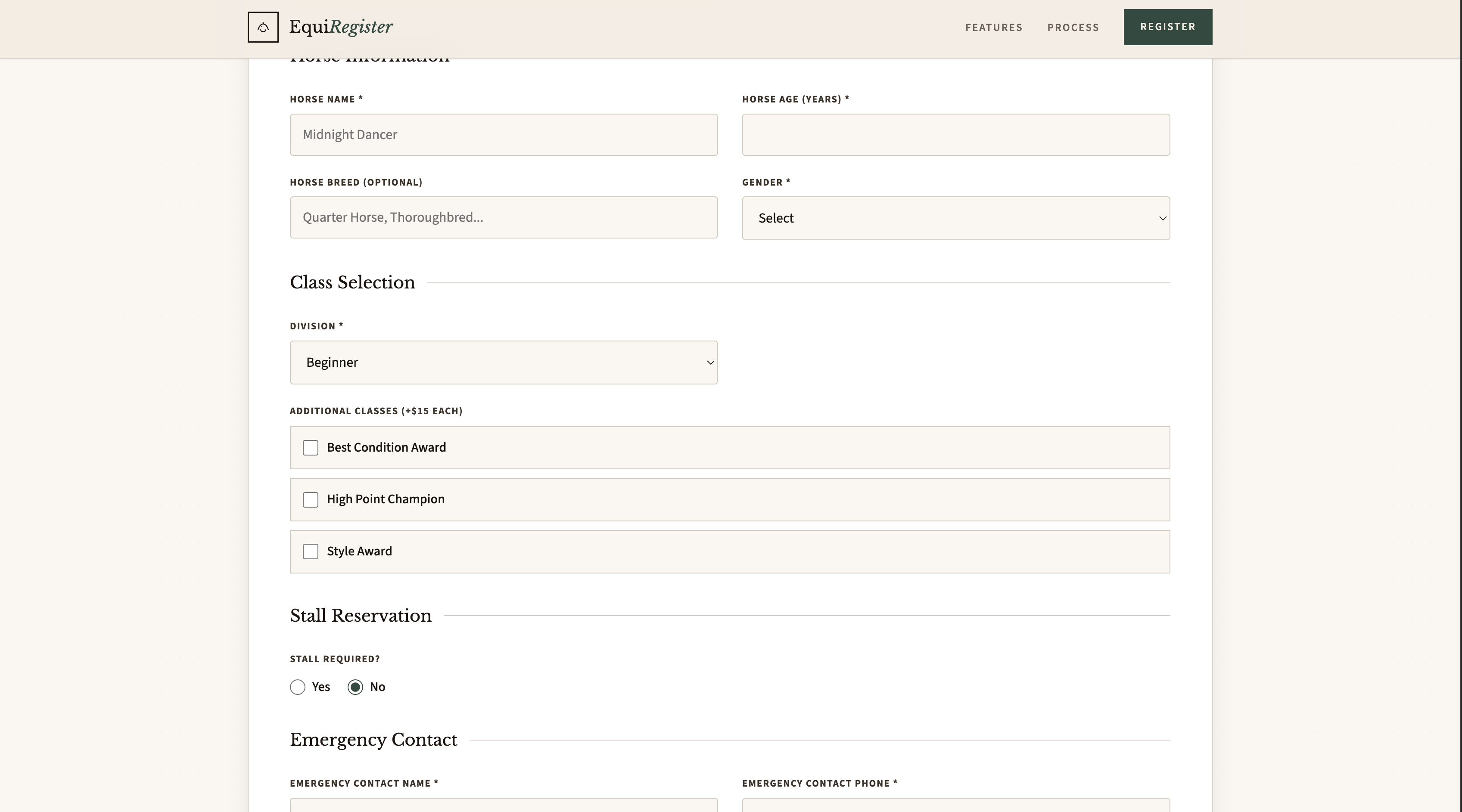 EquiRegister class selection screenshot