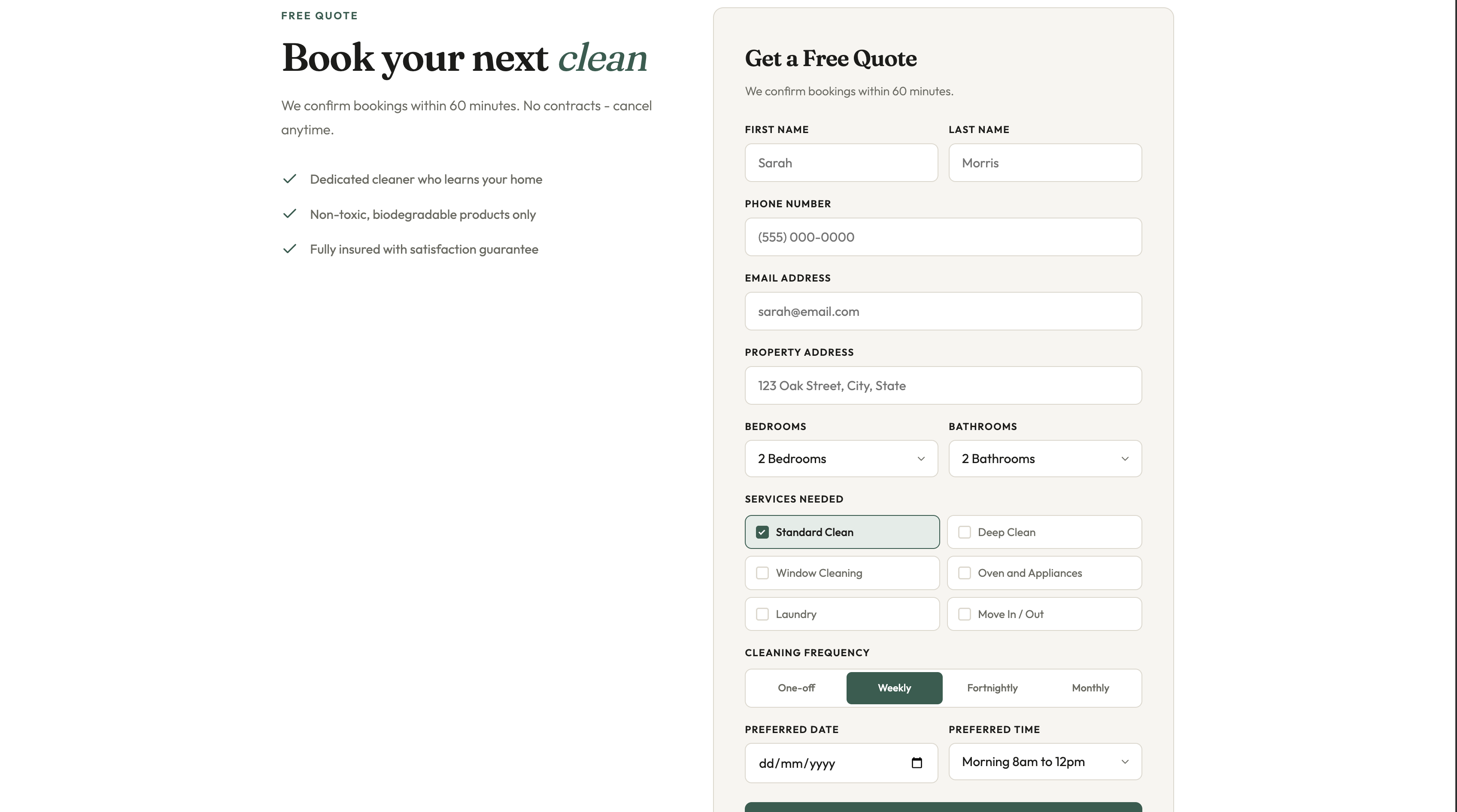 Cleaning service appointment form screenshot