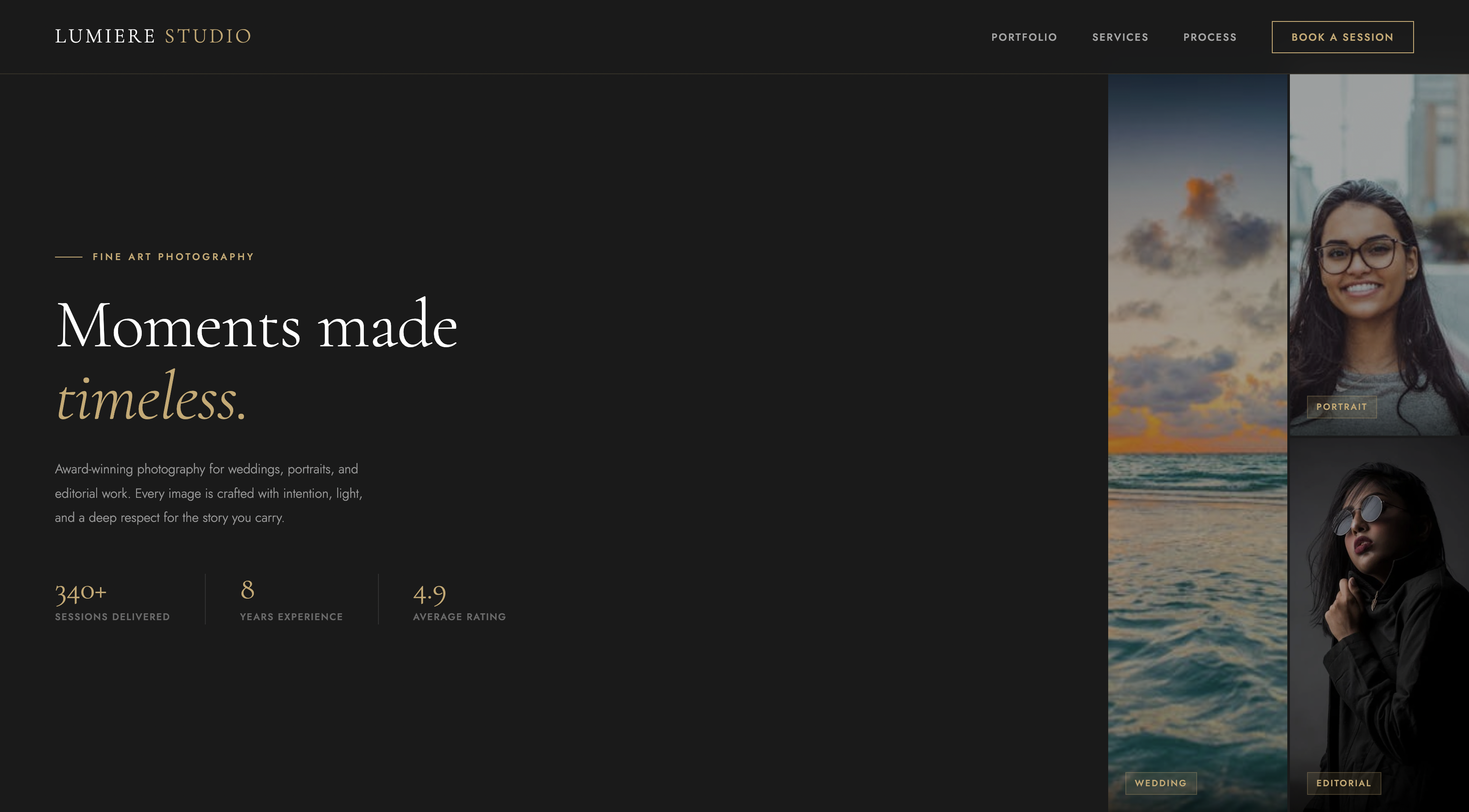 Photographer website template preview: portfolio and booking sections