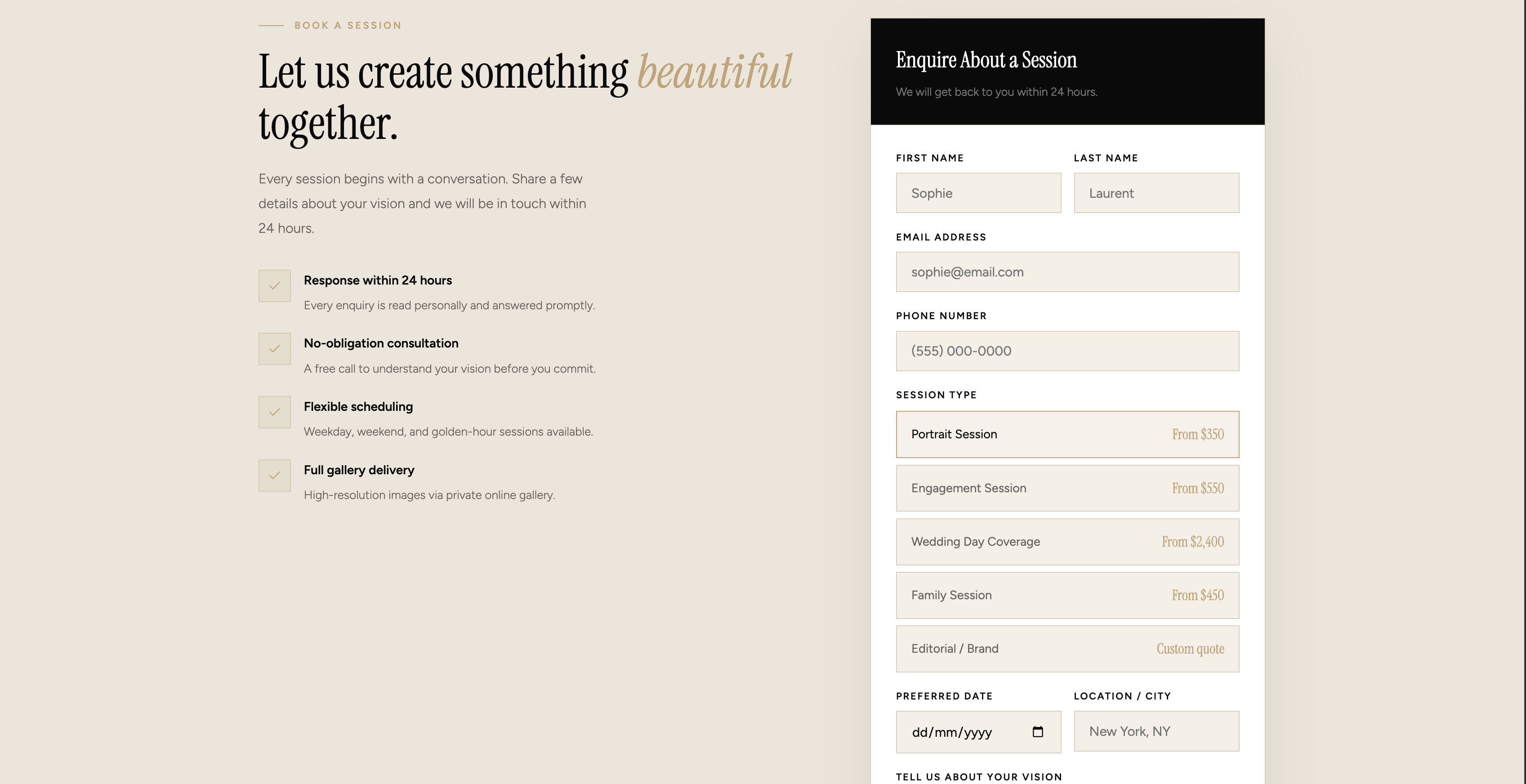Photographer package selection screenshot