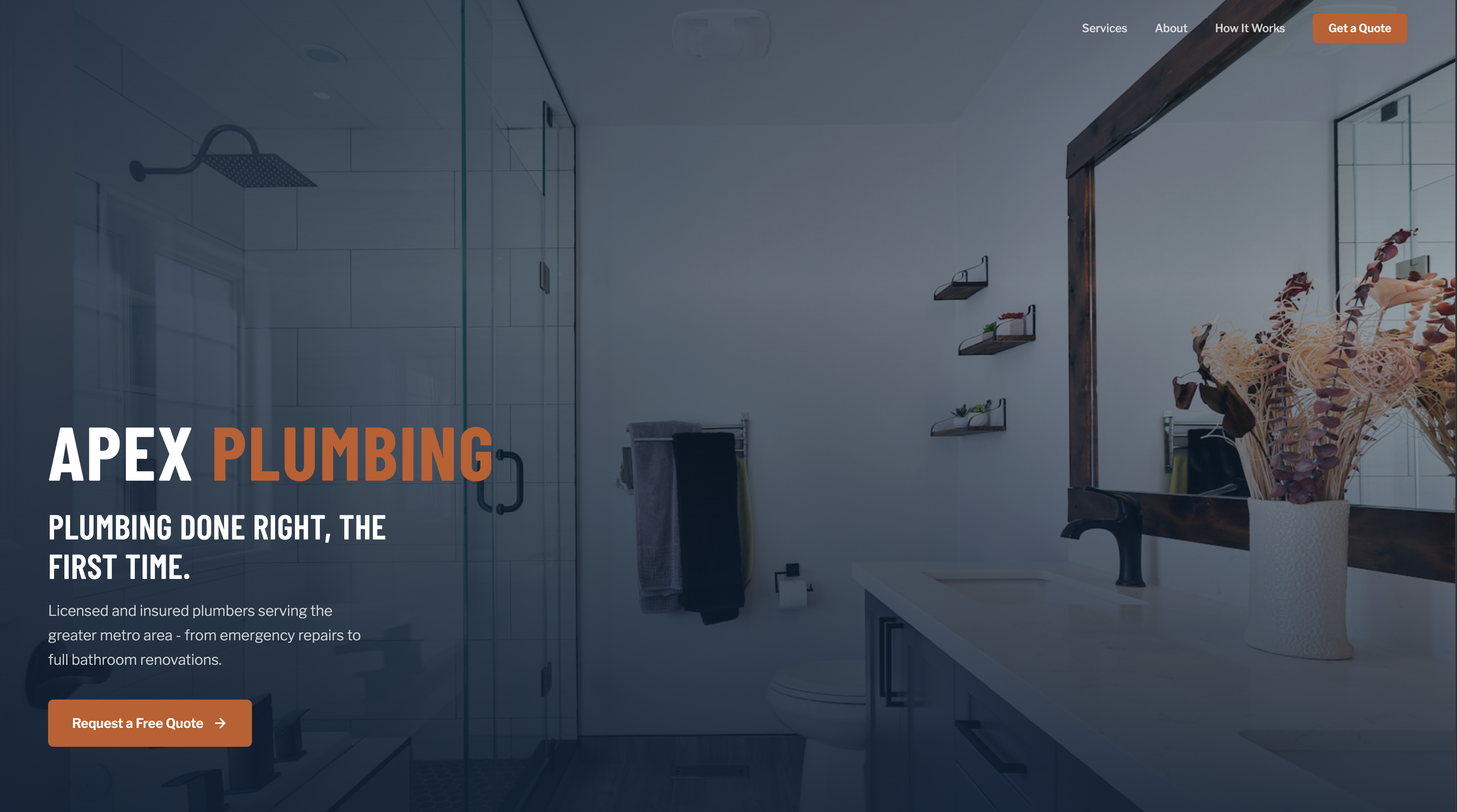 Plumber website template preview: services and contact sections
