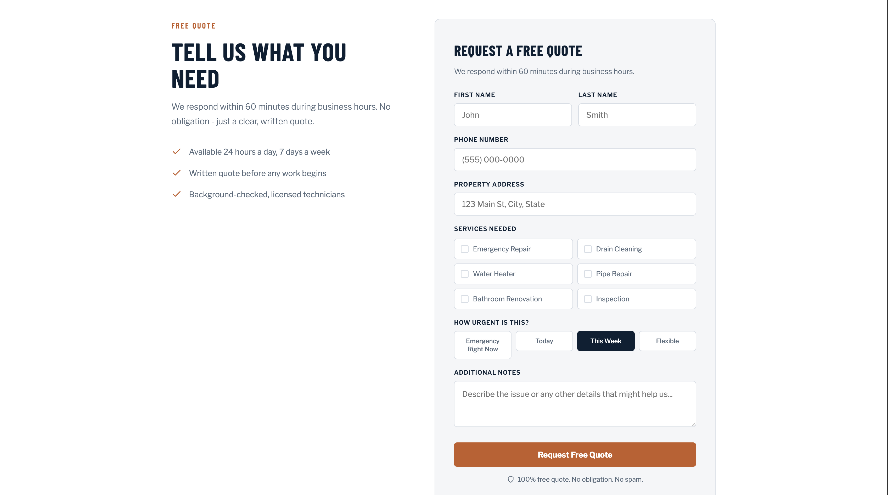 Plumber website template quote form screenshot