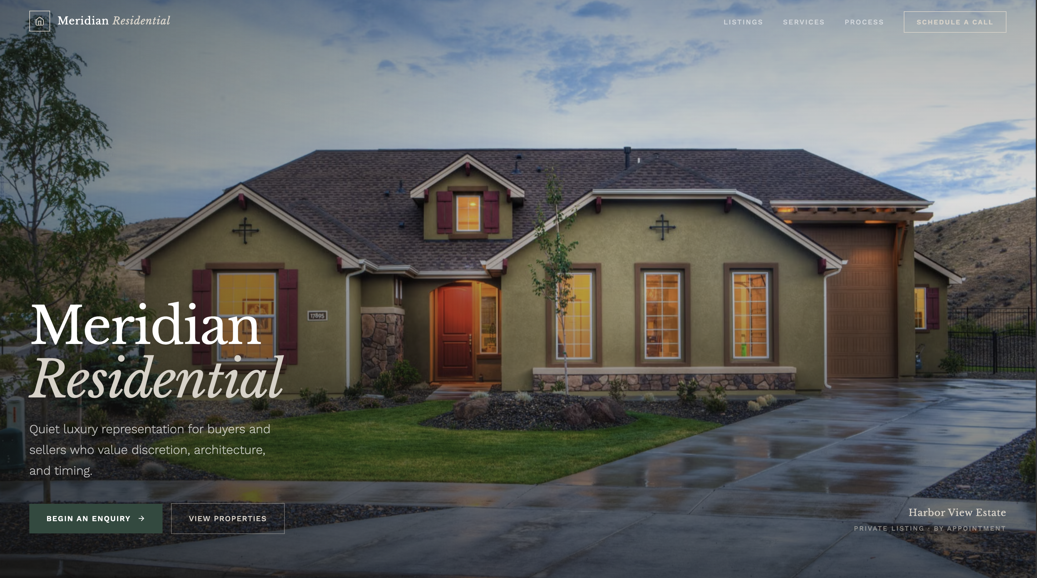 Real estate website template preview: listing and hero section
