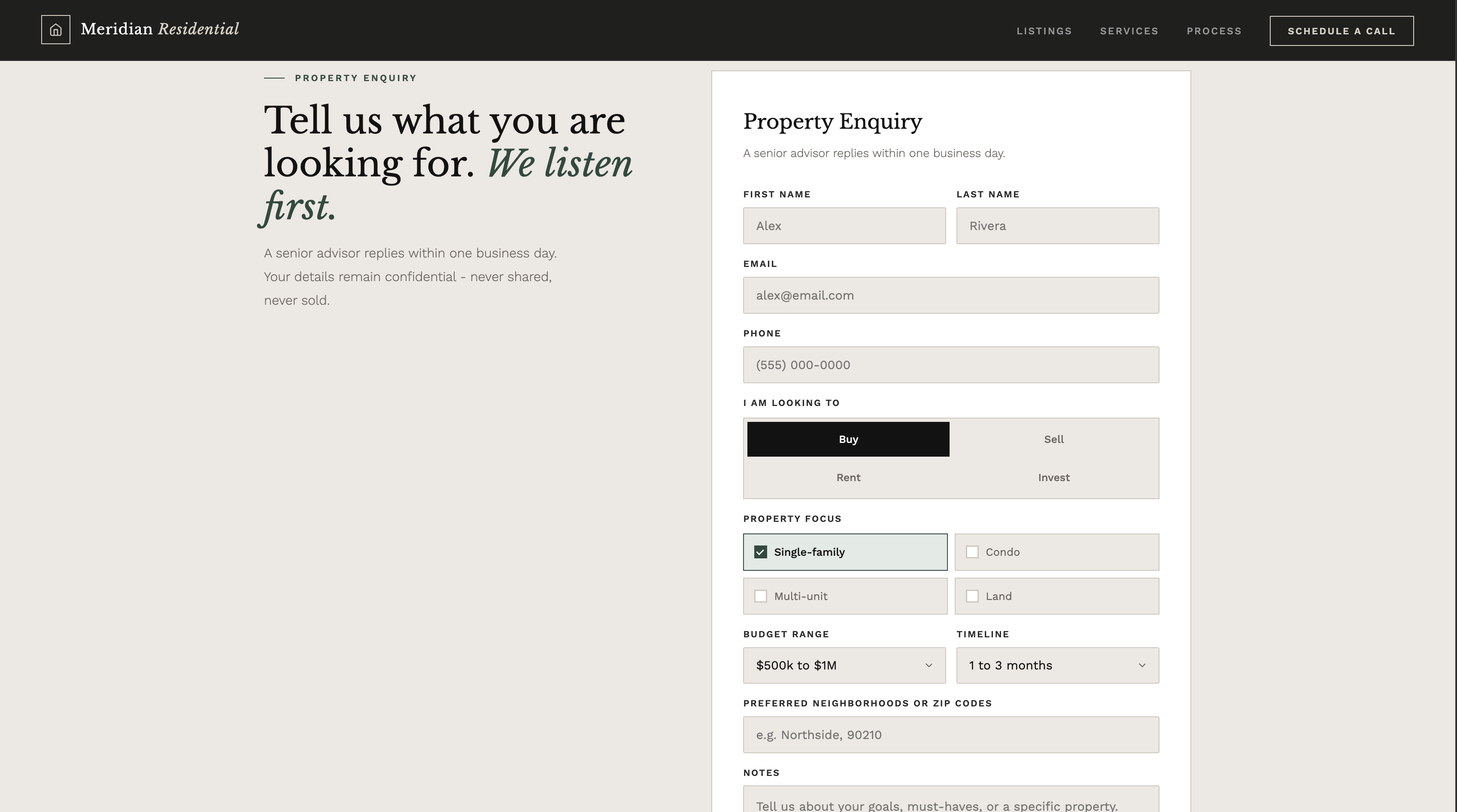 Real estate property enquiry form screenshot