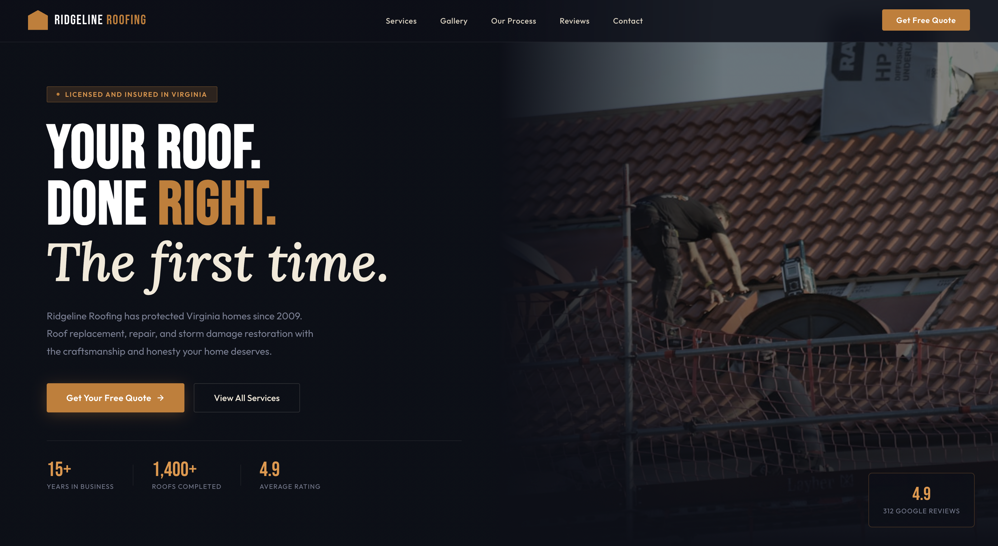 Roofing website example preview, home page