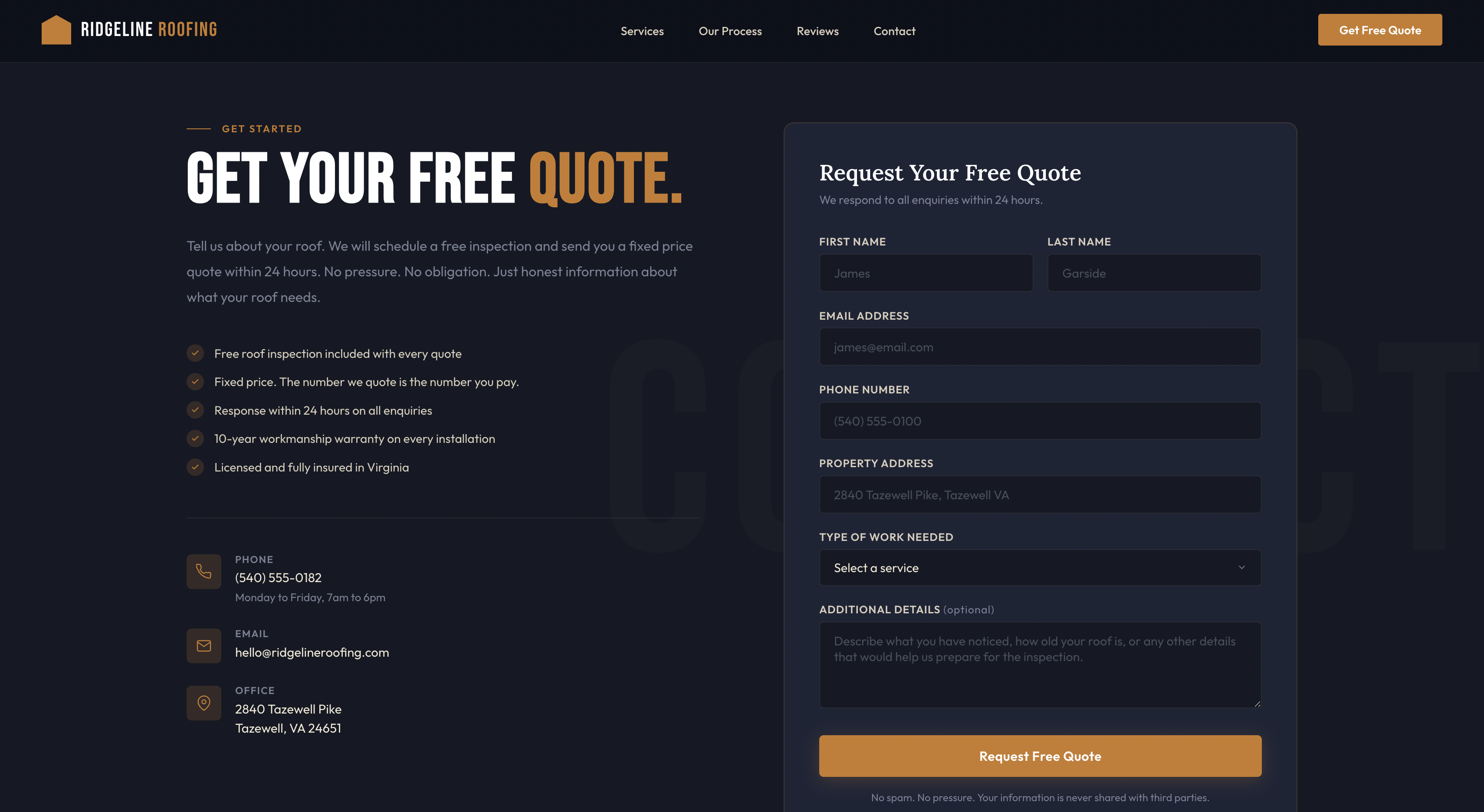 Roofing website example preview, services page