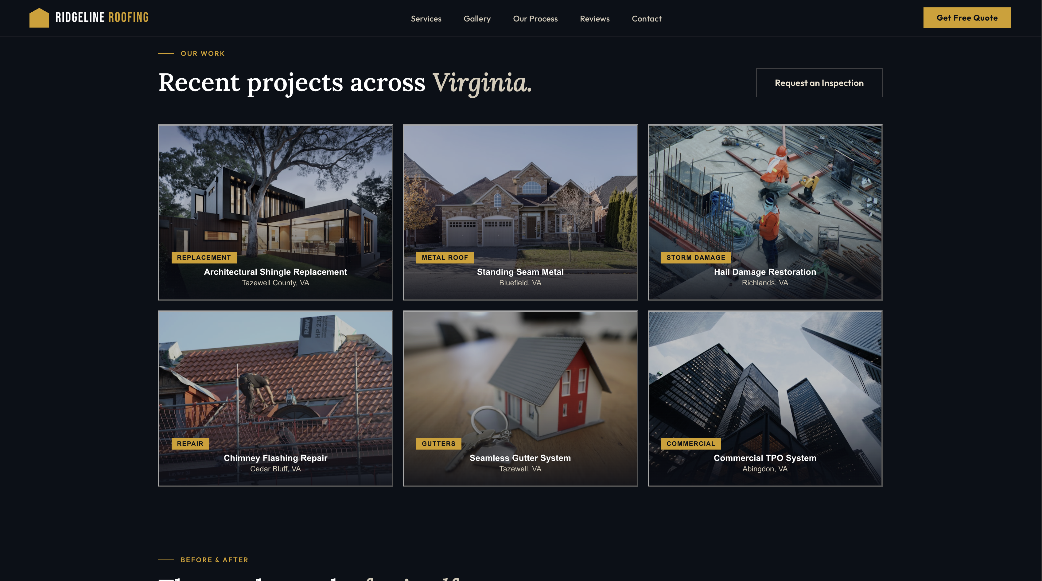 Roofing website contact quote page preview