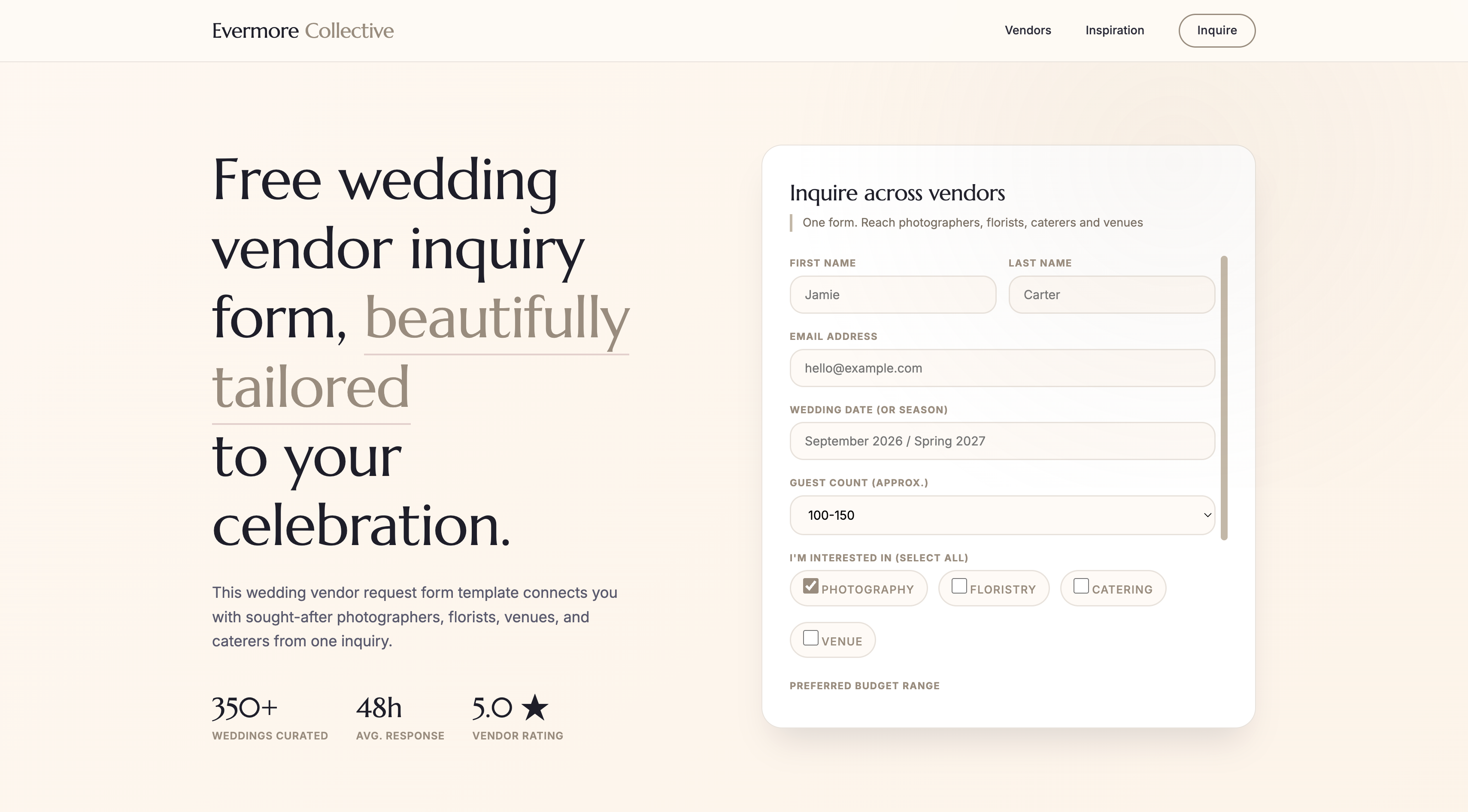 Wedding vendor inquiry template preview