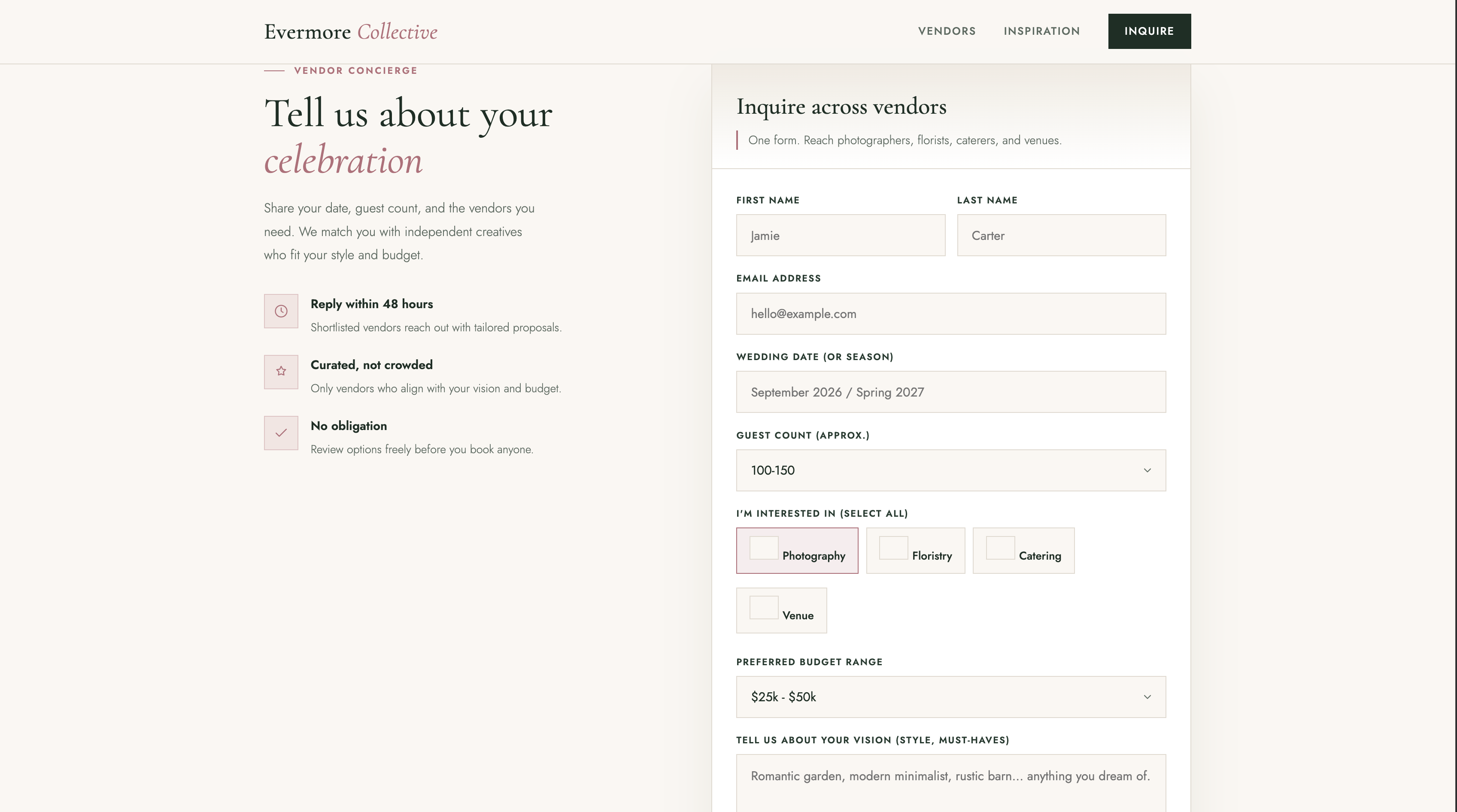 Wedding vendor inquiry form screenshot