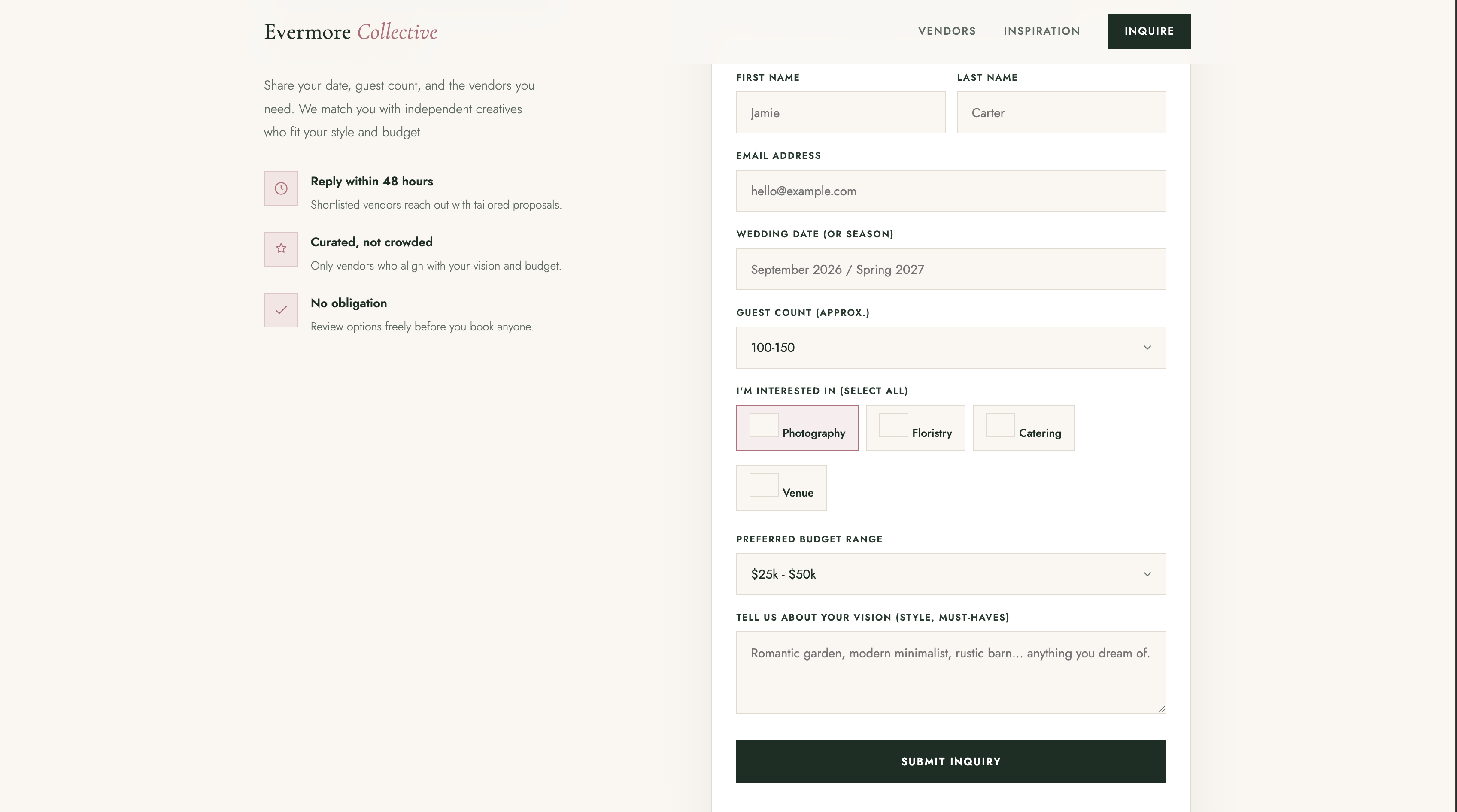 Wedding vendor inquiry details screenshot