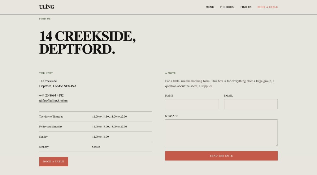 Ulíng restaurant contact page screenshot