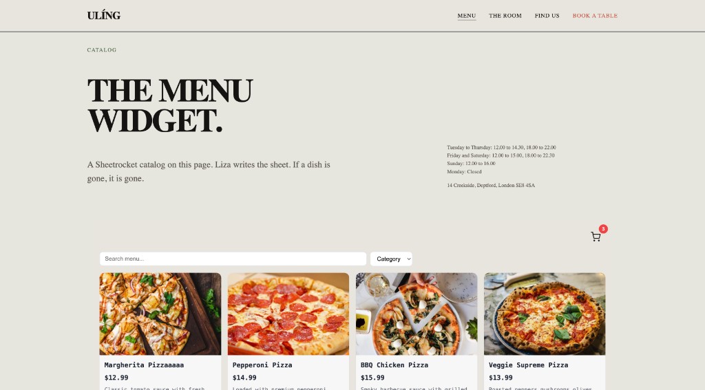 Ulíng restaurant menu page screenshot