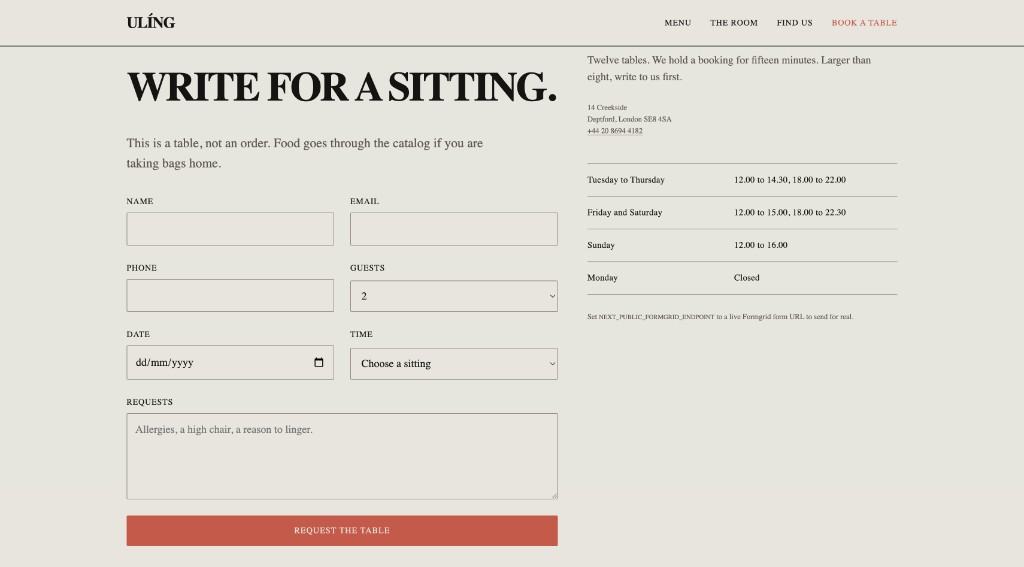 Ulíng restaurant reservations form screenshot