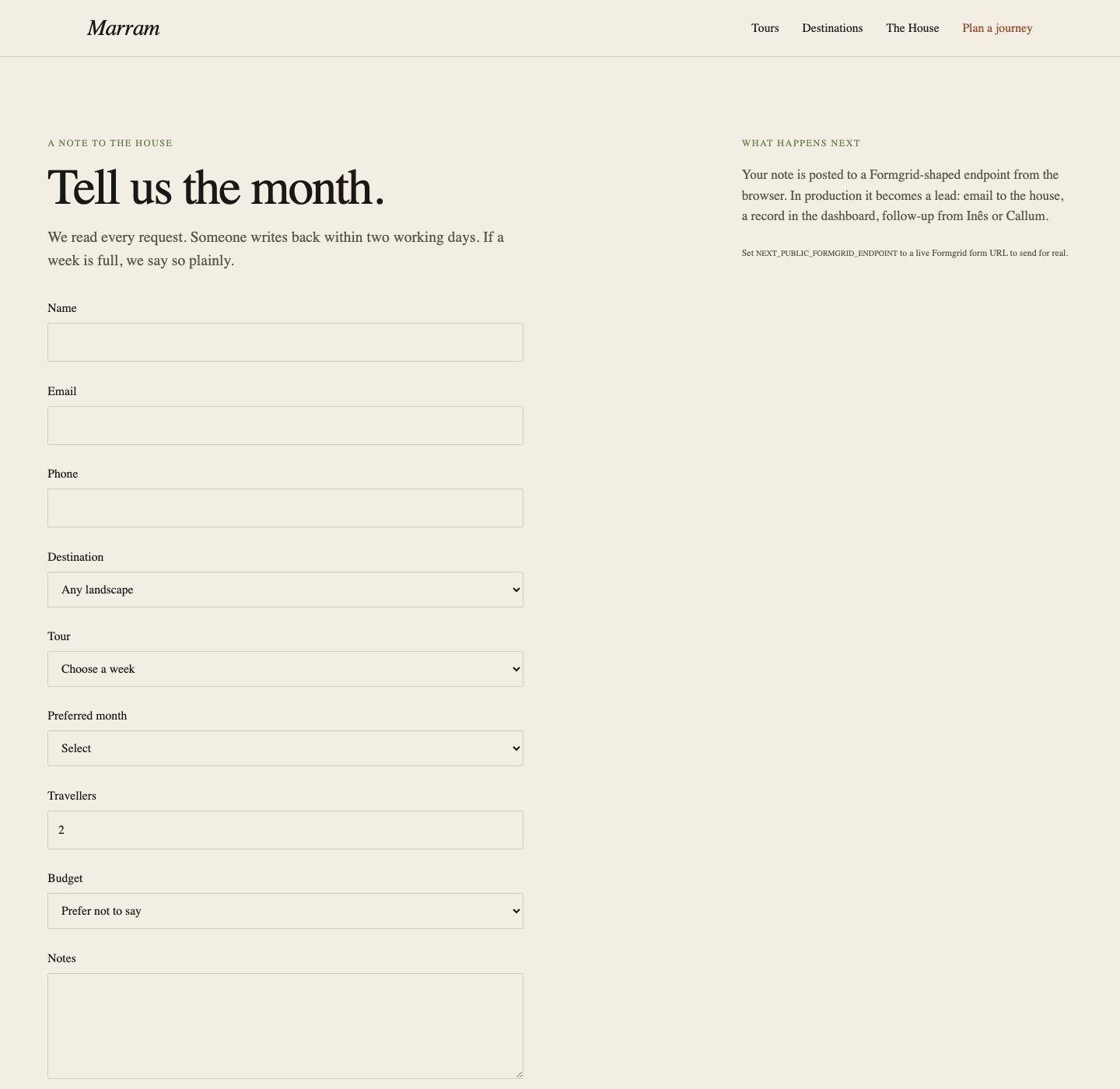 Marram trip enquiry form screenshot