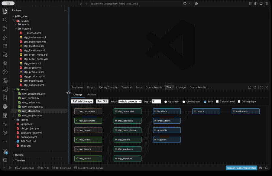 Lineage graph and live data preview, from opening a model to seeing its query results