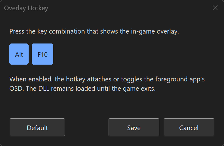 The overlay hotkey dialog showing Alt and F10 as keycaps