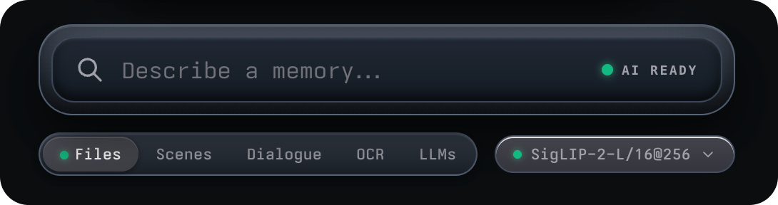 Search modes: Files, Scenes, Dialogue, OCR, LLMs